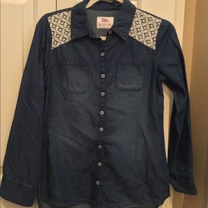 Girl’s Justice Chambray Button Down Top with Lace